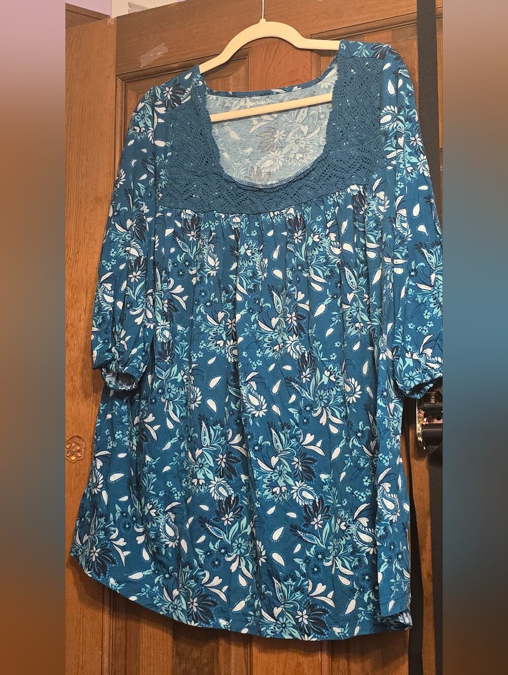 Women’s Teal Floral Crochet Yoke Blouse